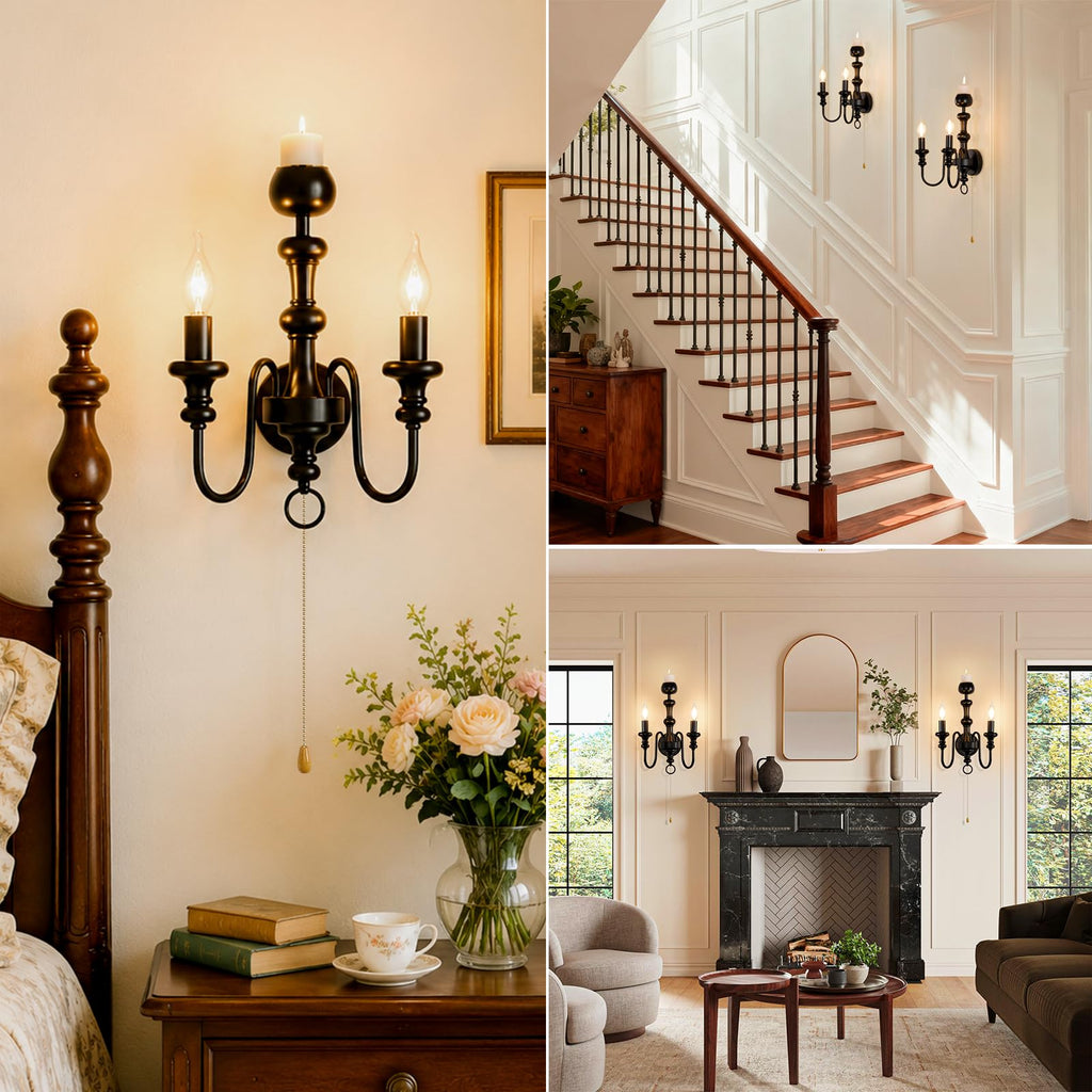 Matte Black Iron Double-Arm Wall Sconce, Retro Farmhouse Hardwired Lamp with Scented Candle Tray & Pull Switch Decor