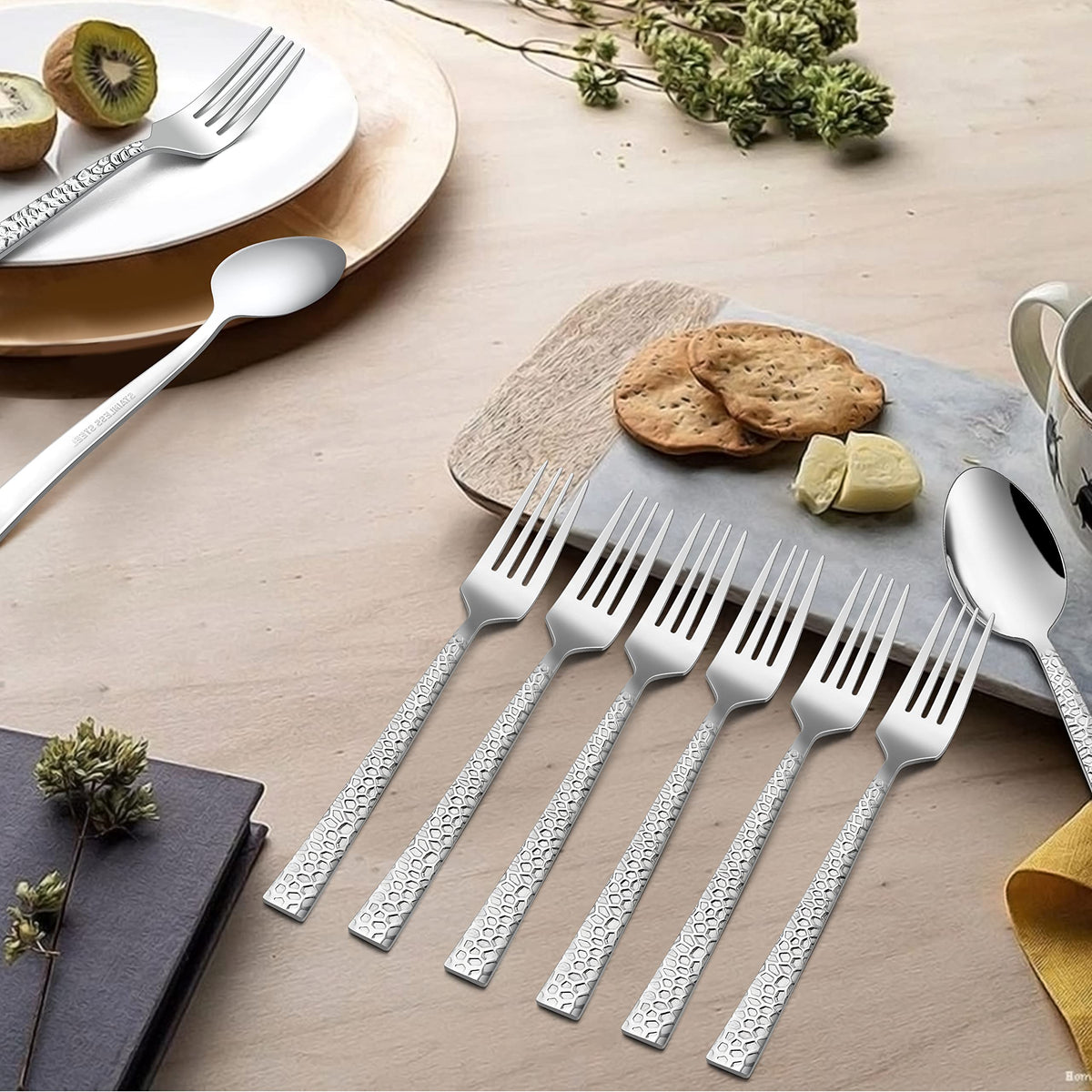 24 Pieces Hammered Forks and Spoons Silverware set (7.9 Inches), Stainless Steel Flatware Cutlery