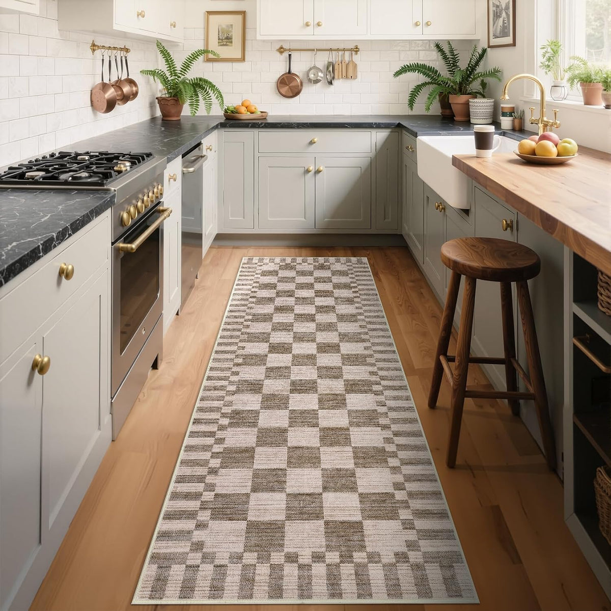 2x6 Kitchen Runner Rug Non Slip Washable Runner Rug | Brown Checkered Rug Soft Low-Pile Geometric Tan Print Modern