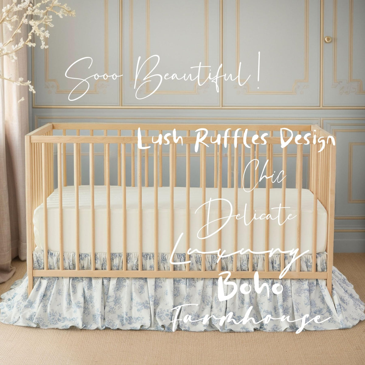 French Country Toile Floral Print Cotton Crib Skirt Toddler Bedskirt Baby Nursery Crib Bed Skirt Boho Bohemian