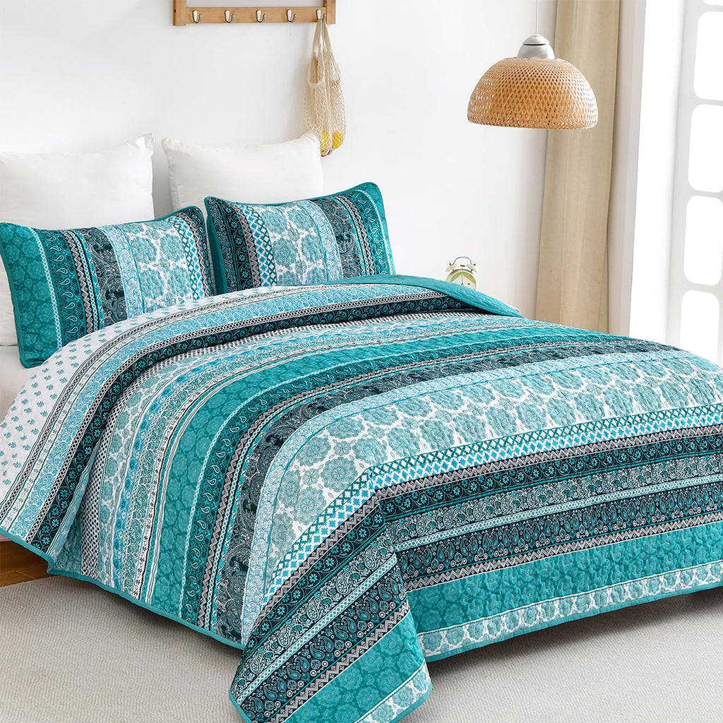 Boho King Quilt Set, 3 Pcs Teal Bedspread Covrtlet Set