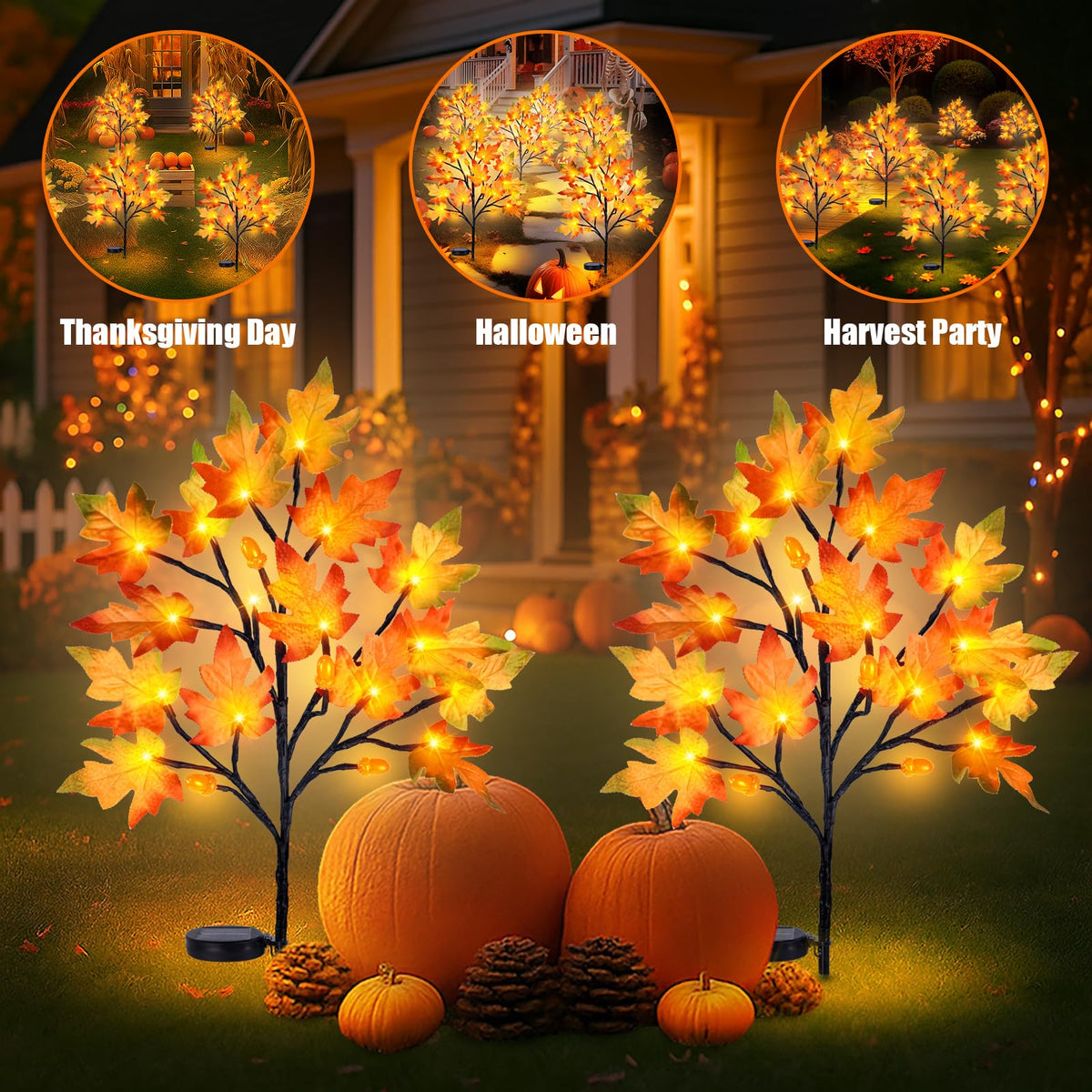 4PCS Solar Fall Lights Outdoor Decorative, 34" Fall Decor with Acorn Maple Leaf, 40LED Each with 8 Modes & Timer