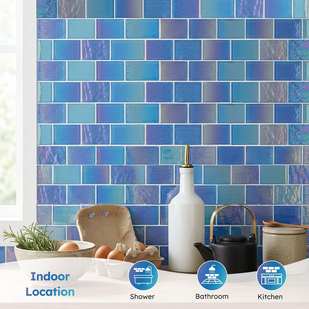 Pool Glass Mosaic Tiles, Iridescent Blue, 2x3 Inch Brick, 5 Sheets
