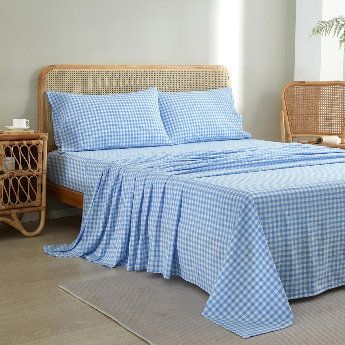 Blue Gingham Sheets Set, 100% Washed Cotton Blue Plaid Bed Sheets, Breathable Comfy Vintage Checkered