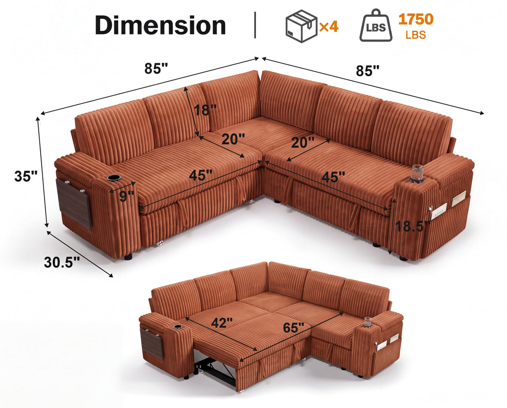 86" Modular Sectional Sleeper Sofa with Pull Out Bed, 5 Seat Plush Corduroy L Shaped Couch with USB Ports|Cup