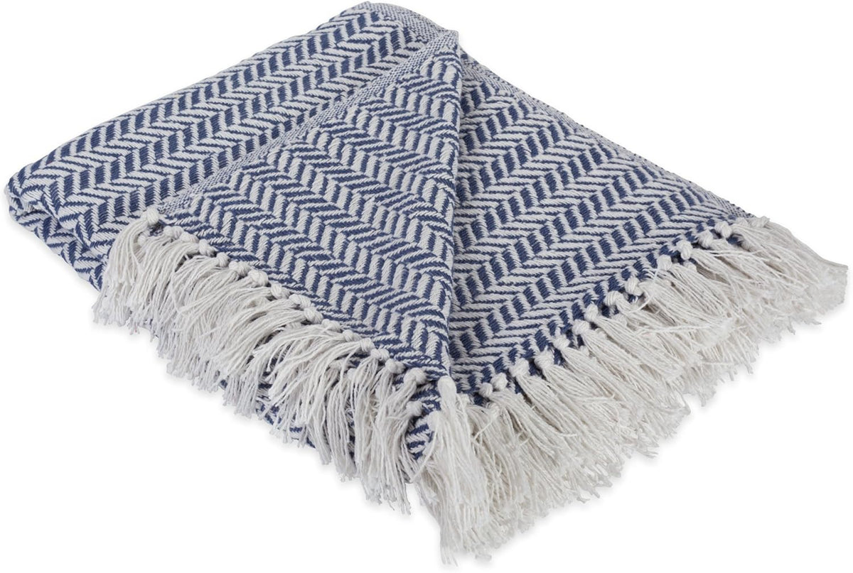 Modern Farmhouse Cotton Herringbone Blanket Throw with Fringe for Chair, Couch, Picnic, Camping, Beach, & Everyday