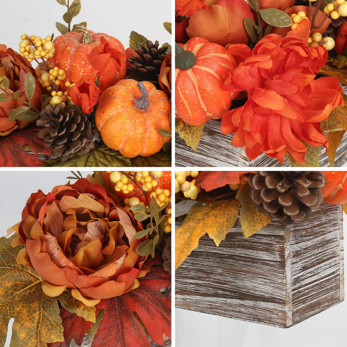 Fall Decor Autumn Harvest Pumpkins Centerpiece - Artificial Peony Maple Leaf and Pinecones Arrangement in Rectangle