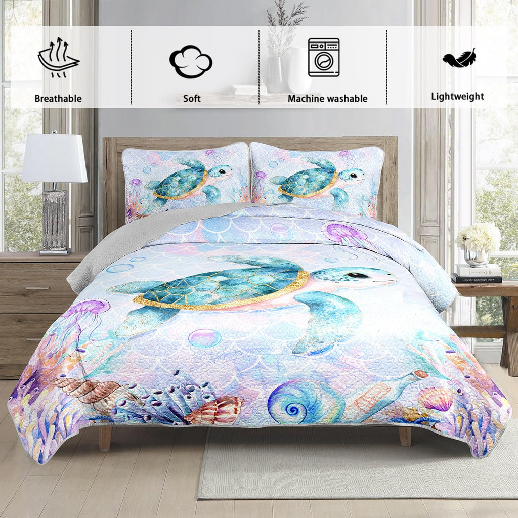 Coastal Bedding, Sea Turtle Quilt Set 2 Pillowcases.