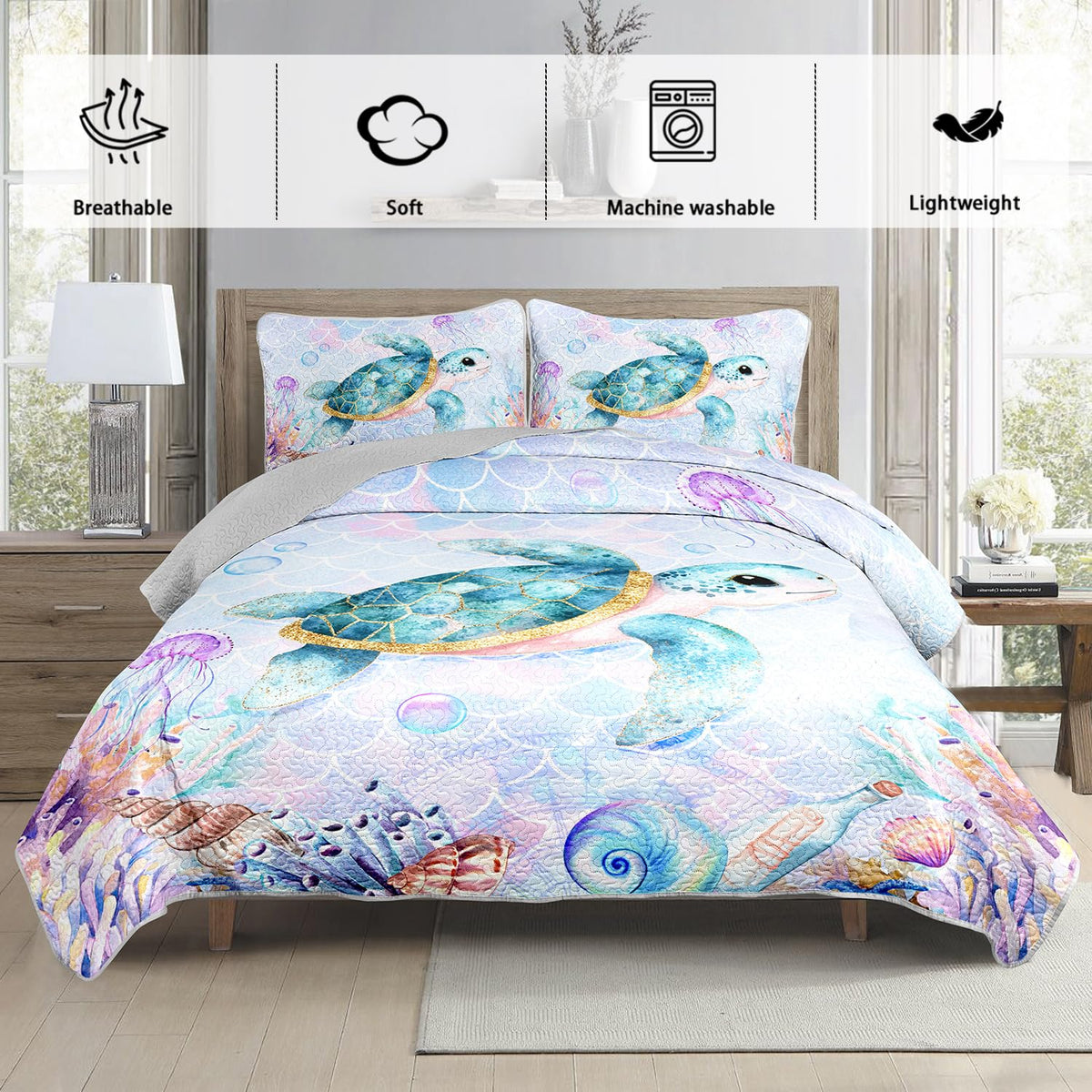 Coastal Bedding, Sea Turtle Quilt Set 2 Pillowcases.