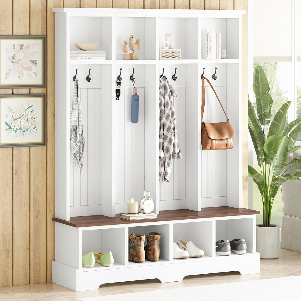 59" W Hall Tree, Farmhouse Entryway Storage and Wood Coat Rack, Entryway Furniture with 8 Hooks, Hall Tree with Bench