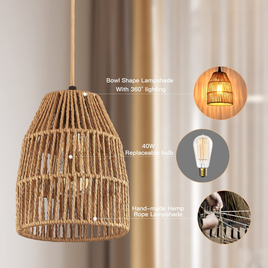 Plug in Pendant Light, Hanging Lights with 15ft Golden Cotton Cord & Stepless Dimming Switch, Handwoven Hemp Rope