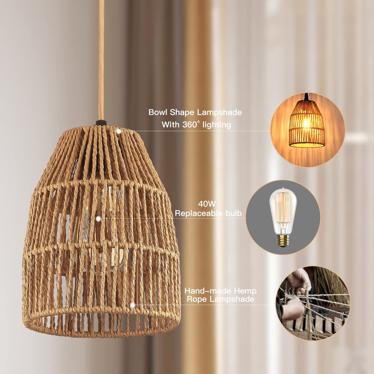 Plug in Pendant Light, Hanging Lights with 15ft Golden Cotton Cord & Stepless Dimming Switch, Handwoven Hemp Rope
