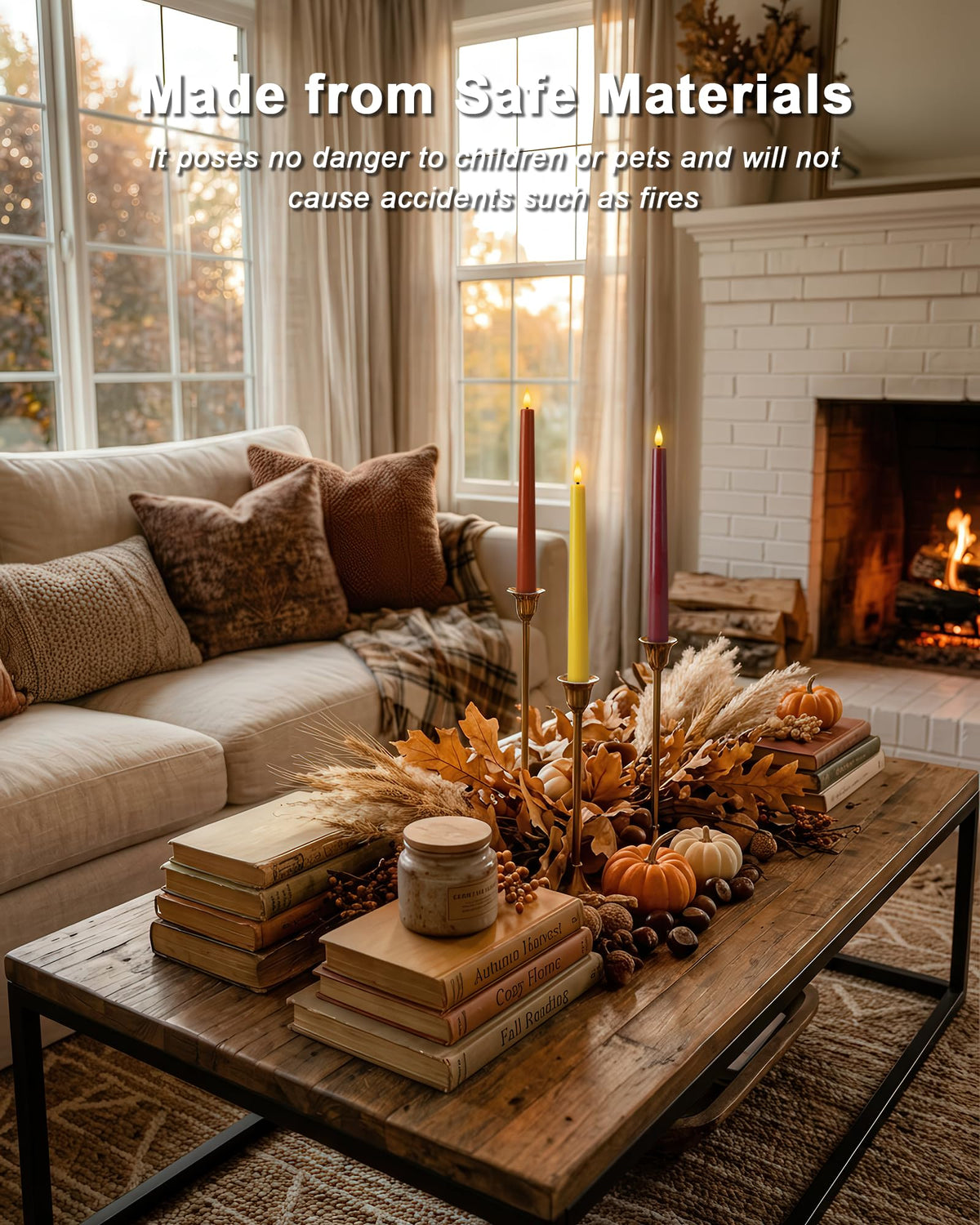 Real Wax Flameless Taper Candles, 9.6 Inch Warm Fall Colors Battery Operated LED Candlesticks 6 Pcs with Remote Timer