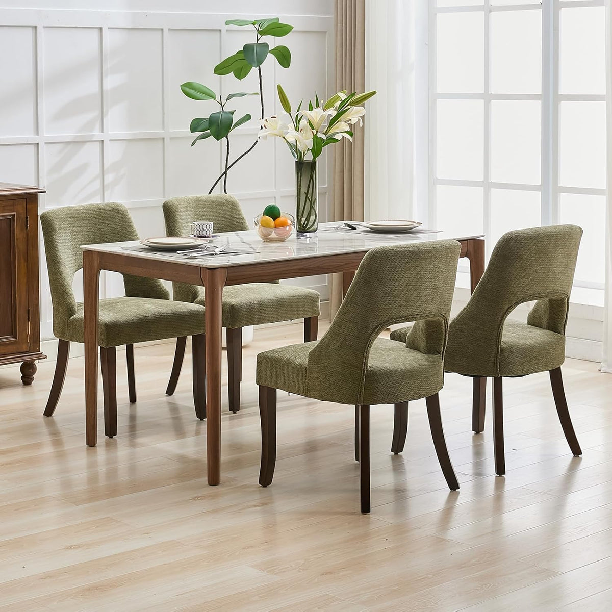 Wooden Dining Chairs Set of 2, Mid-Century Modern Chenille Upholstered Kitchen Chairs with Solid Wood Legs, Farmhouse Dining Room Chairs, Green