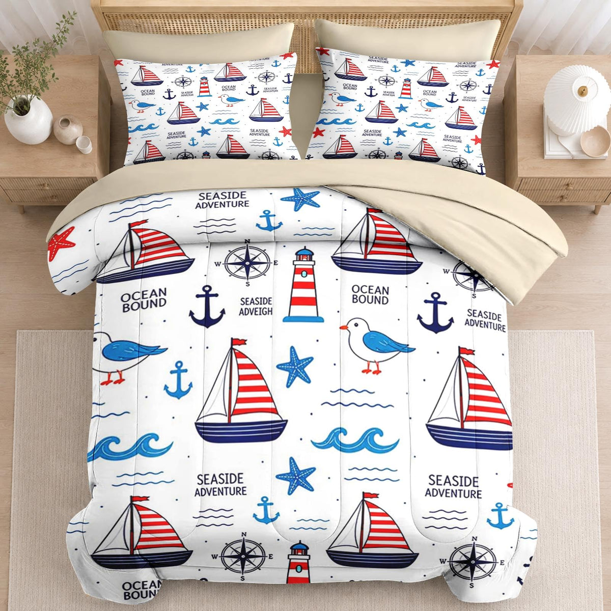 Comforter Set with Sheets, 7 Pieces Beach Ocean Bedding