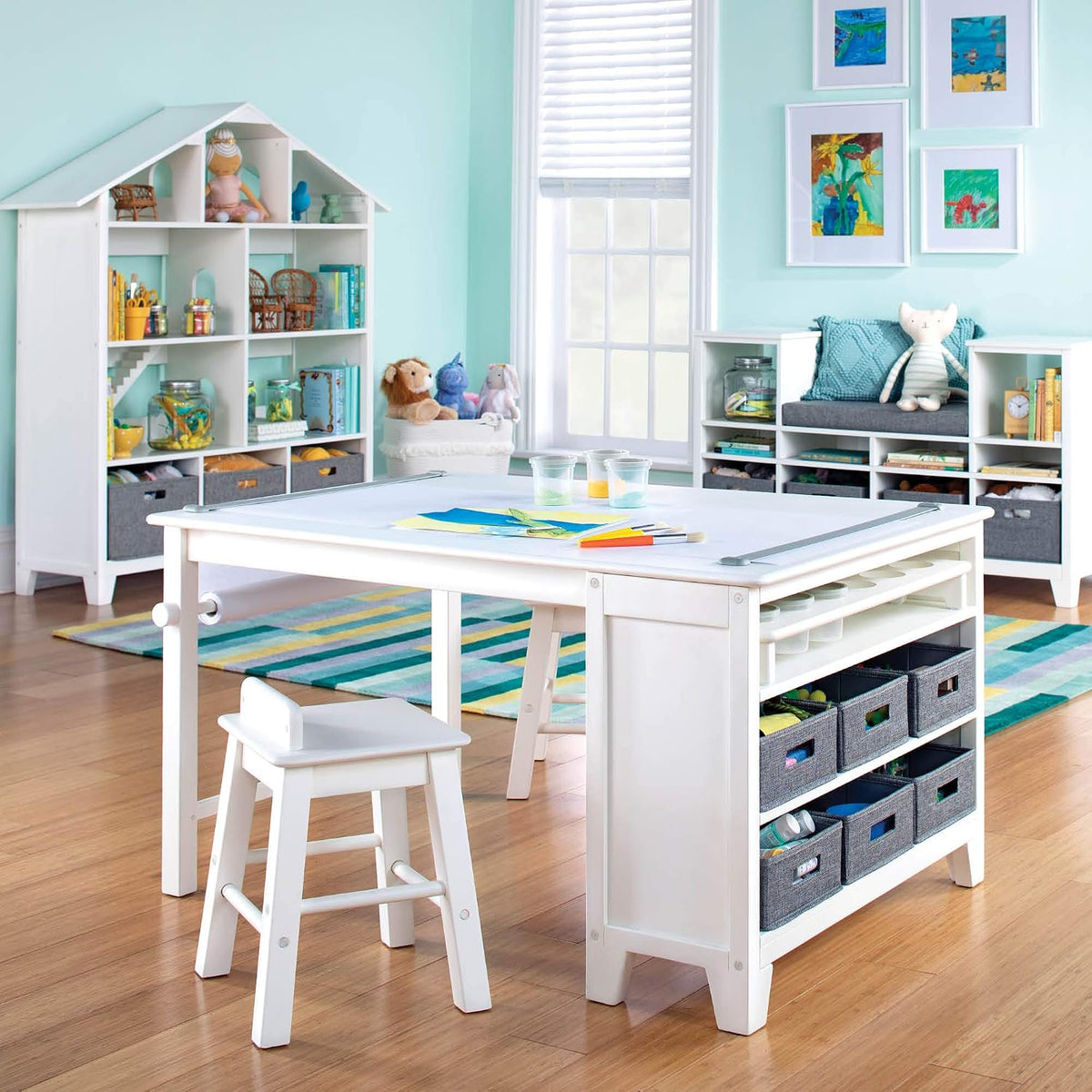 Kids' Art Table and Chair Set - Linen White: Wooden Kids Play Table for Arts and Crafts | Coloring Desk with Paint