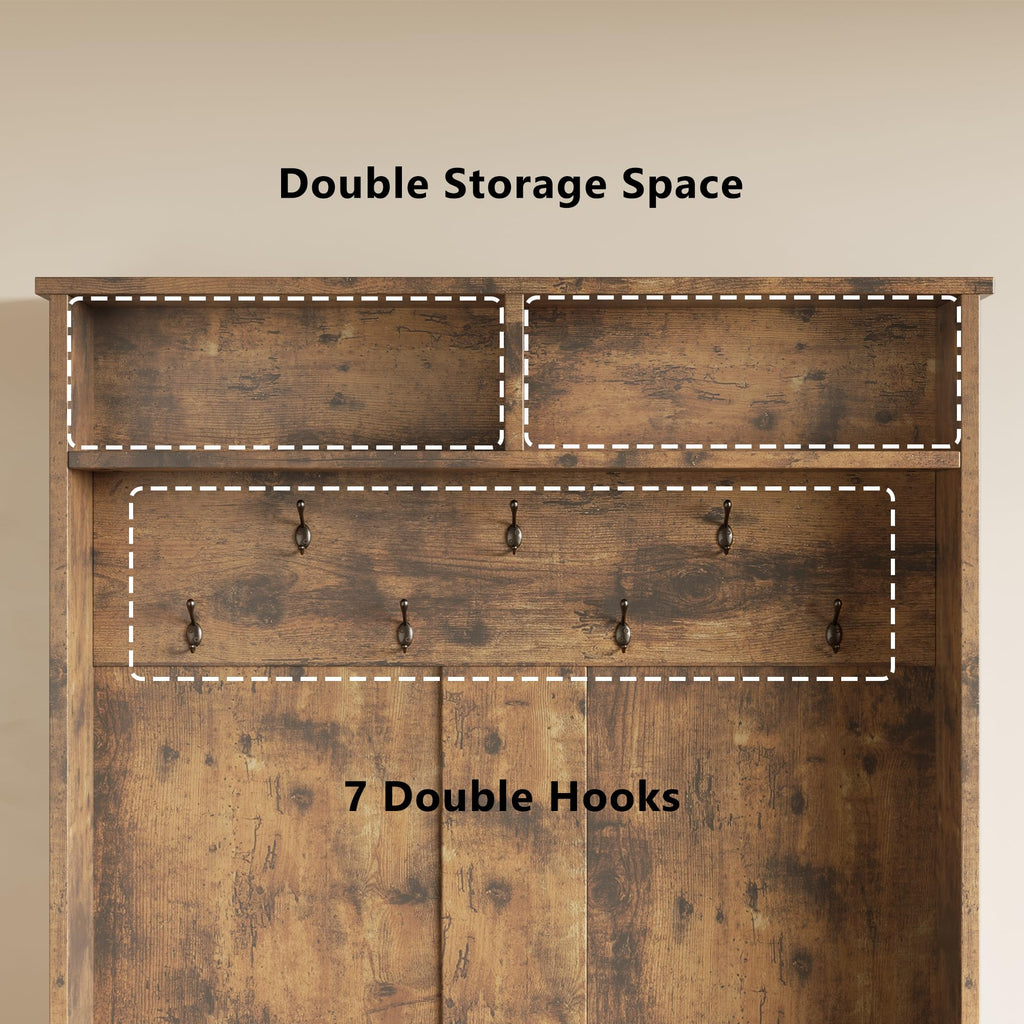 Entryway Hall Tree with Bench and Storage, Rustic Brown