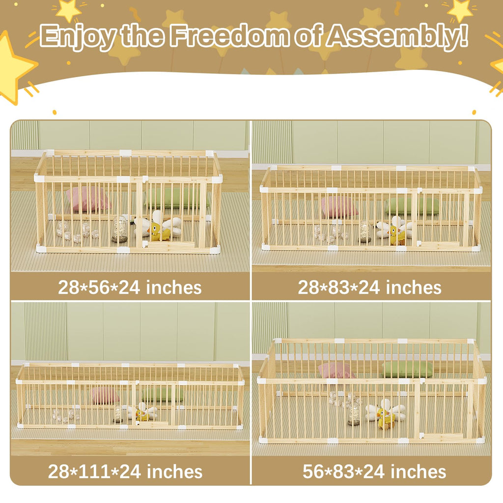 Wooden Baby Playpen, 56x83x24In Gate for Toddler and Babies