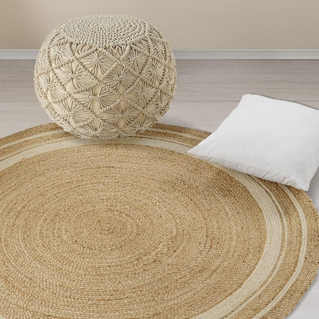 6' ft Round Jute Cotton Area Rug - Natural Fiber Handmade Boho Charm Farmhouse Jute Area Rug Soft Braided Rustic