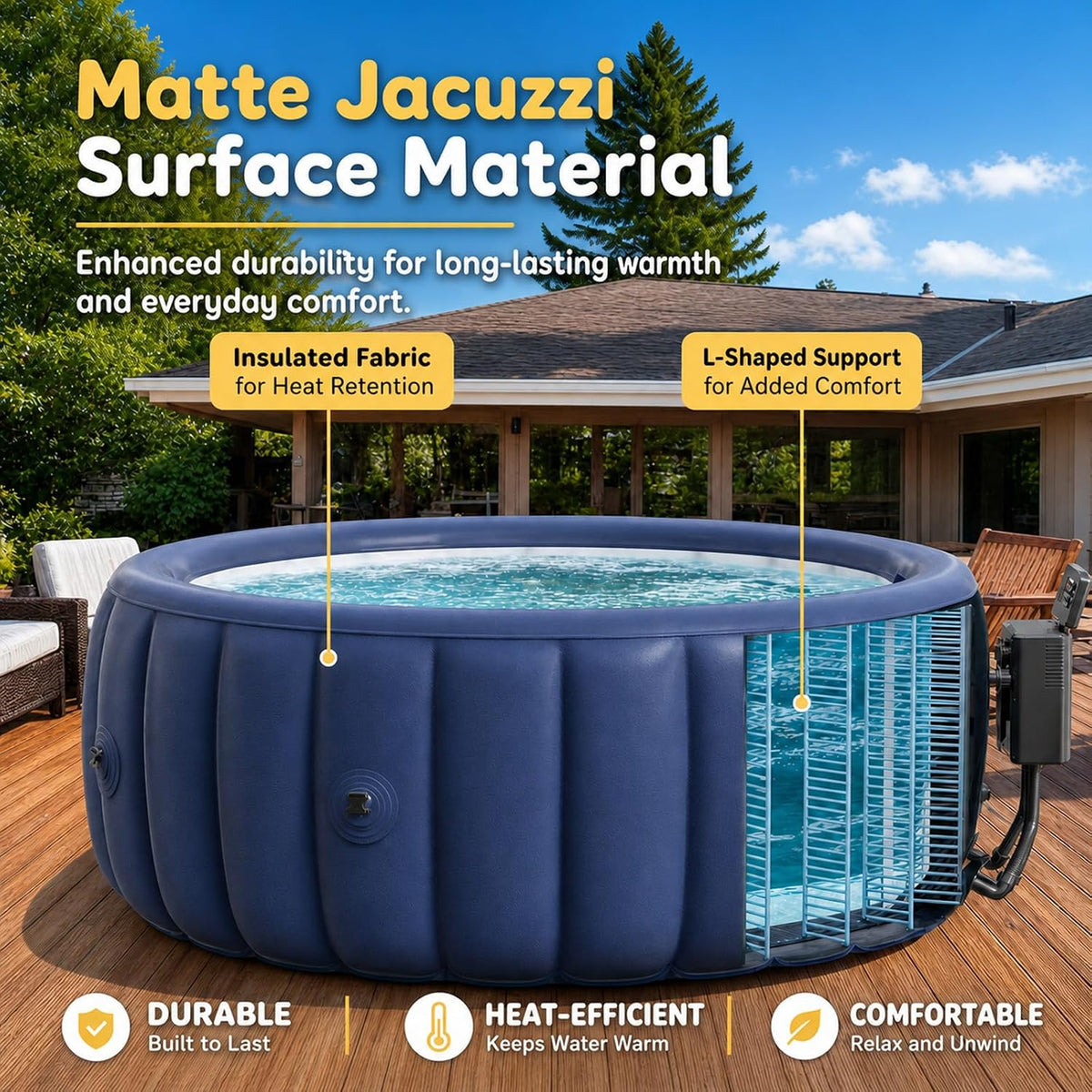 Inflatable Hot Tub, Round Blow up Portable Hot tub, Smooth Easy-Wipe Interior, Convenient Side Drain Spout, Blow Up