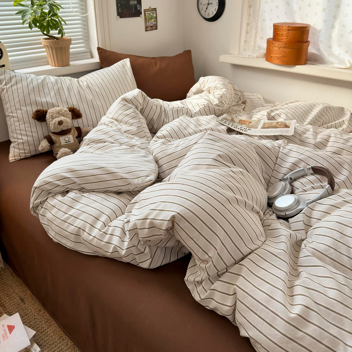 Vintage Striped Comforter Set 3-Piece Bed Set Brown&White