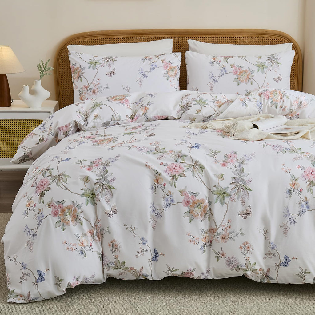 100% Cotton Duvet Cover Queen Size - Elegant French Romantic Floral Duvet Cover Set with Zipper Closure, 3-Piece Soft