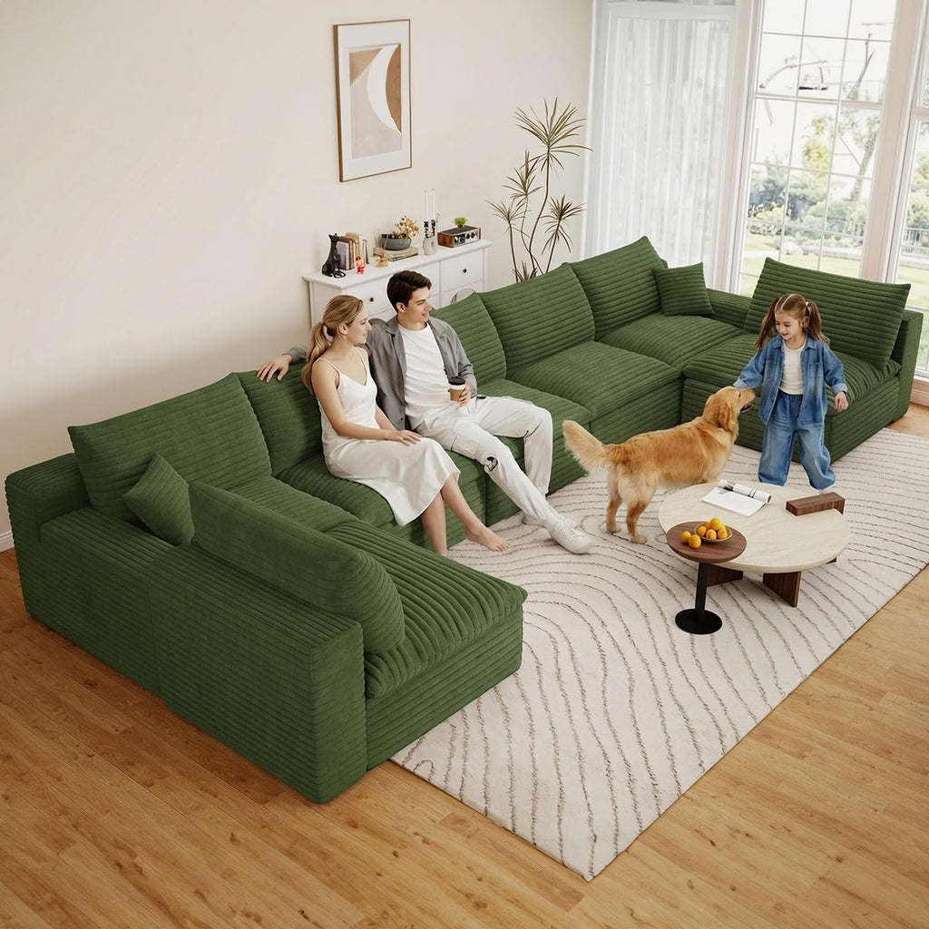 165" Oversized Cloud Sectional Couch with U-Shaped Chaise, 7-Seater Corduroy Viral Boneless Sofa, Memory Foam Couches