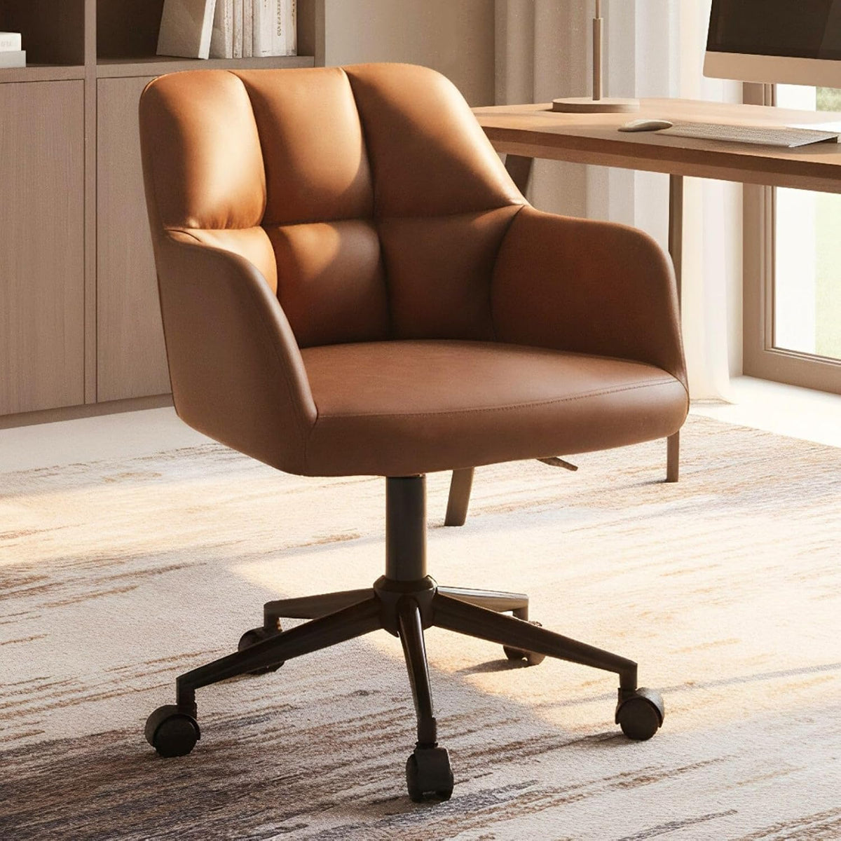 Brown Home Office Desk Chair with Wheels Faux Leather Swivel Desk Chair Upholstered Adjustable Task Armchair for Teens Bedroom Livingroom with Comfy Square Tufted Mid-Back