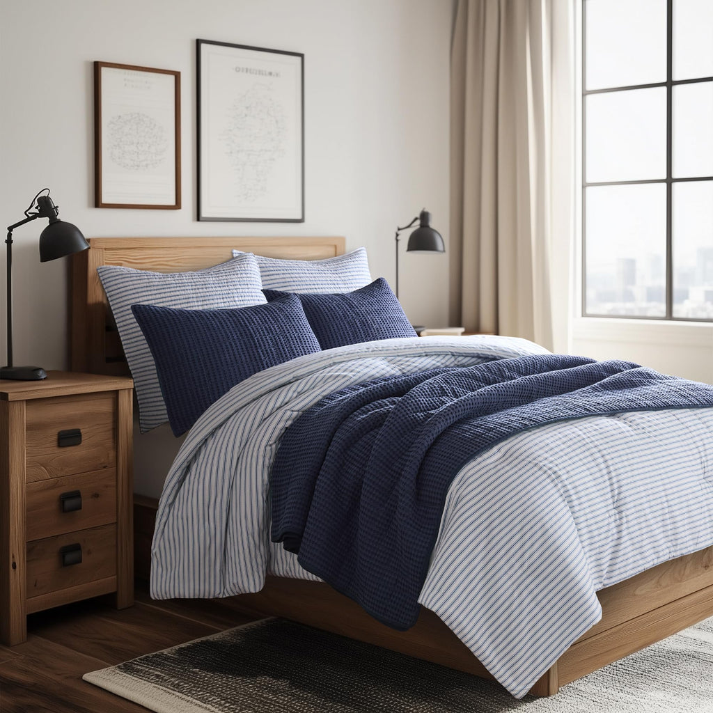 Tobago Stripe Blue Reversible Duvet Cover Set (90x94in) with 2 Pillowcases (26x20in) - Striped - Blue, White