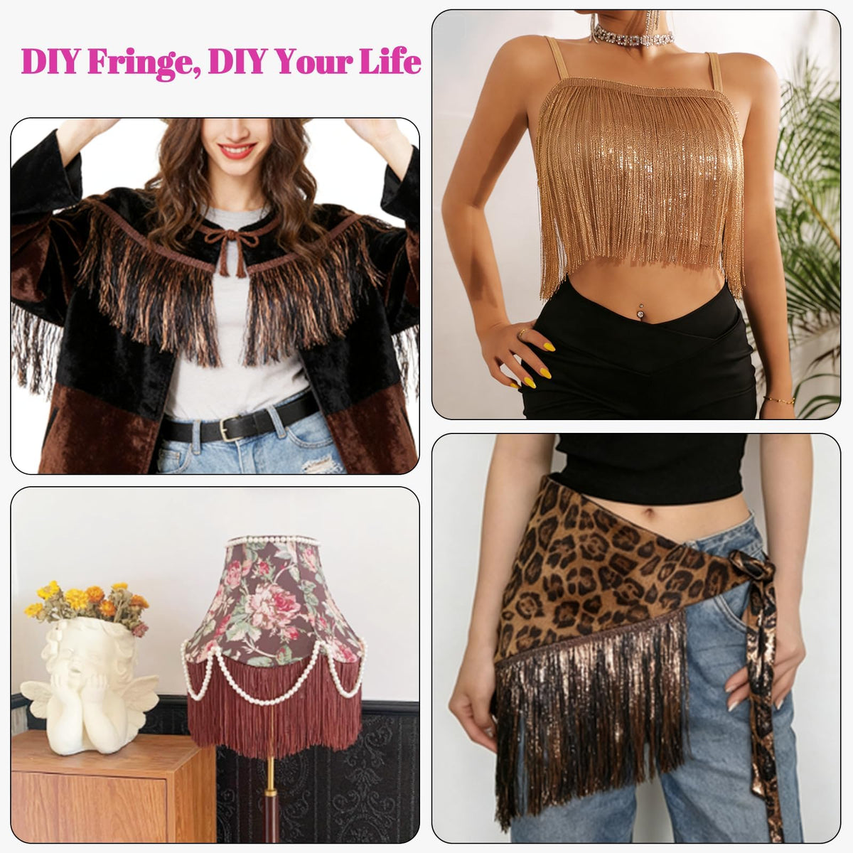 Brown Tinsel Fringe Trim, 5Yards X 5.9 Inch Metallic Fringe Trim with B7000 Glue for Karma Jacket Costume Crafts