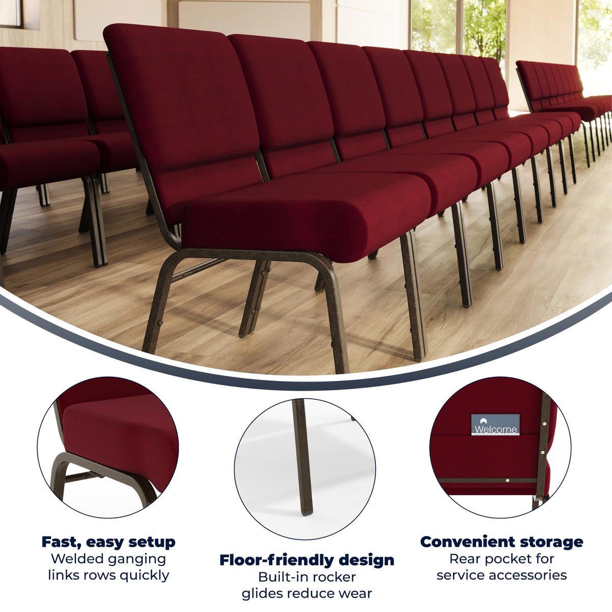 Burgundy 21"W Stacking Church Chair, 4-Pack