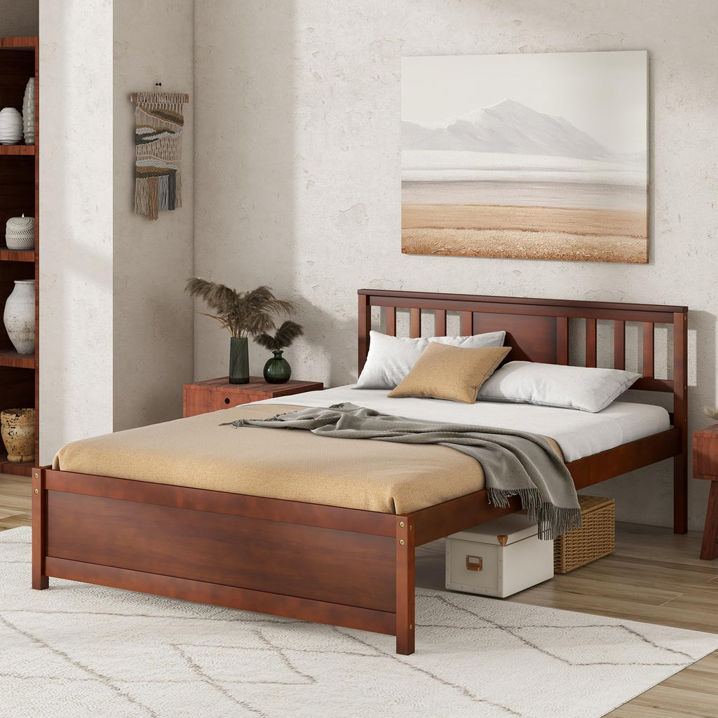 Full Size Solid Wood Platform Bed Frame, Mid Century Full Bed Frame with Headboard, Wood Slat Support, Double Panel