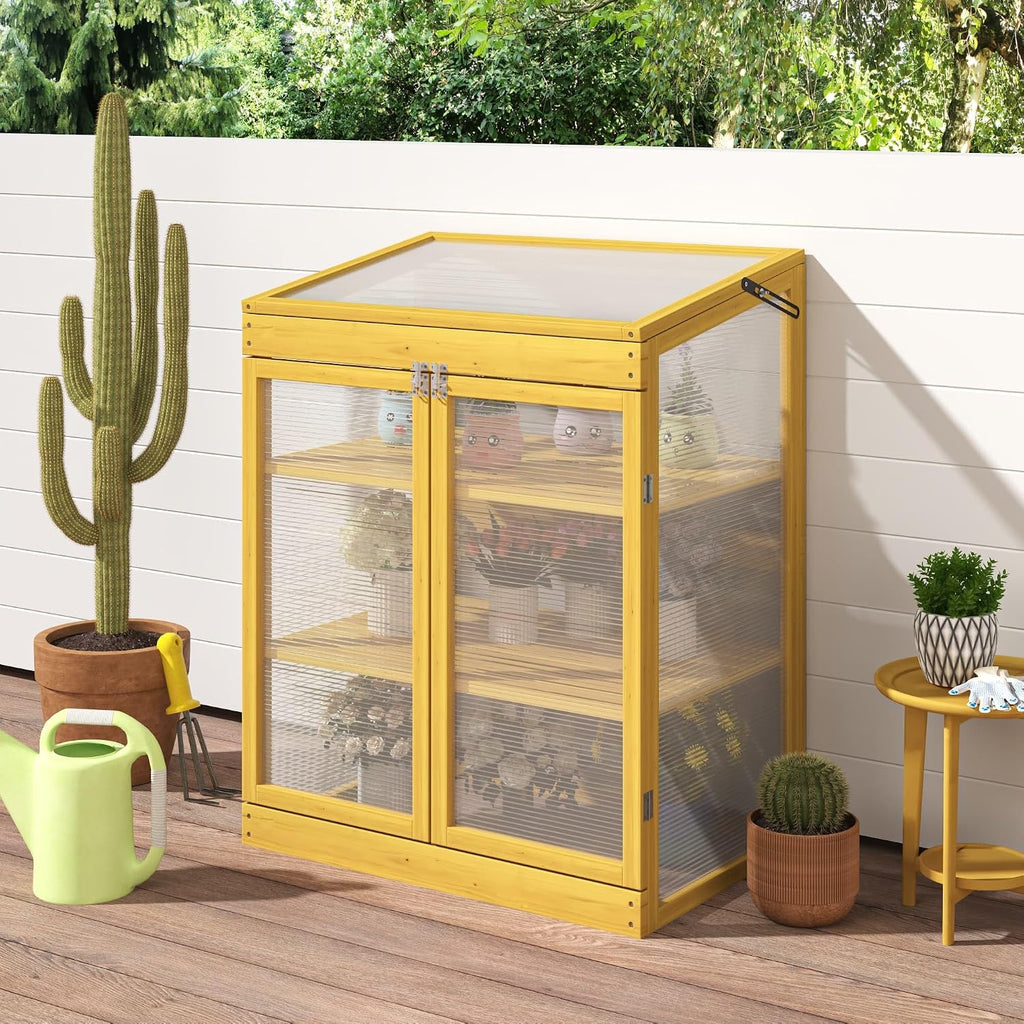 2-Tier Wooden Cold Frame Greenhouse, Garden Portable Mini Cabinet, Flower Shelf Bed for Outdoor Indoor Use