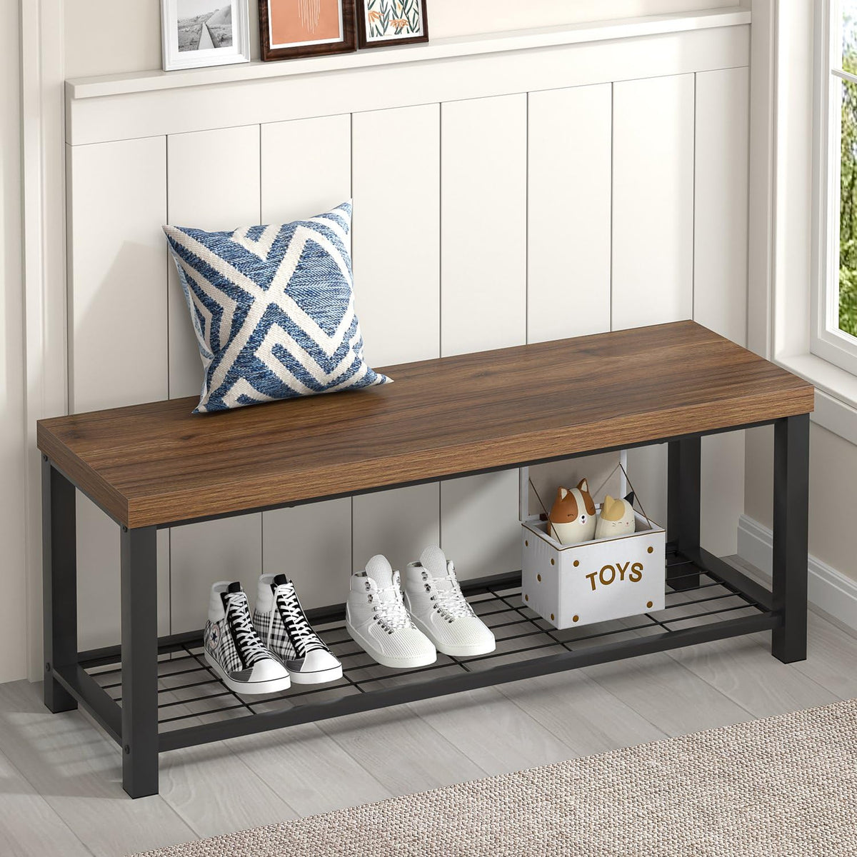 Modern Entryway Bench - Rustic Wood and Metal Shoe Storage Front Door Entrance, Industrial Indoor Seat Living Room