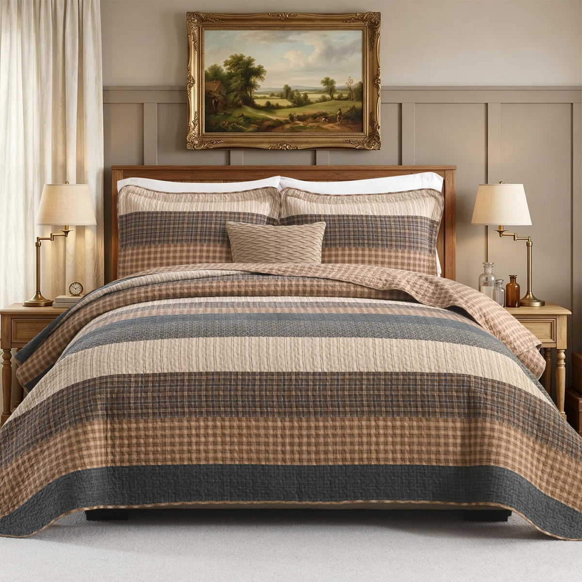 100% Cotton Farmhouse Quilt, Bedspread Set with Pillow Shams, Rustic Patchwork Striped Bedding