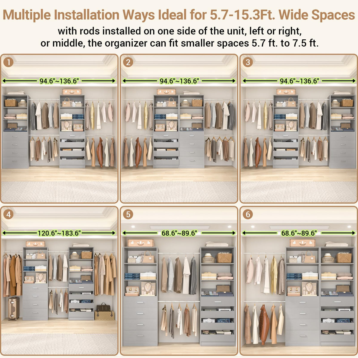 Closet System, 6-15Ft Closet Organizer with 8 Wooden Drawers