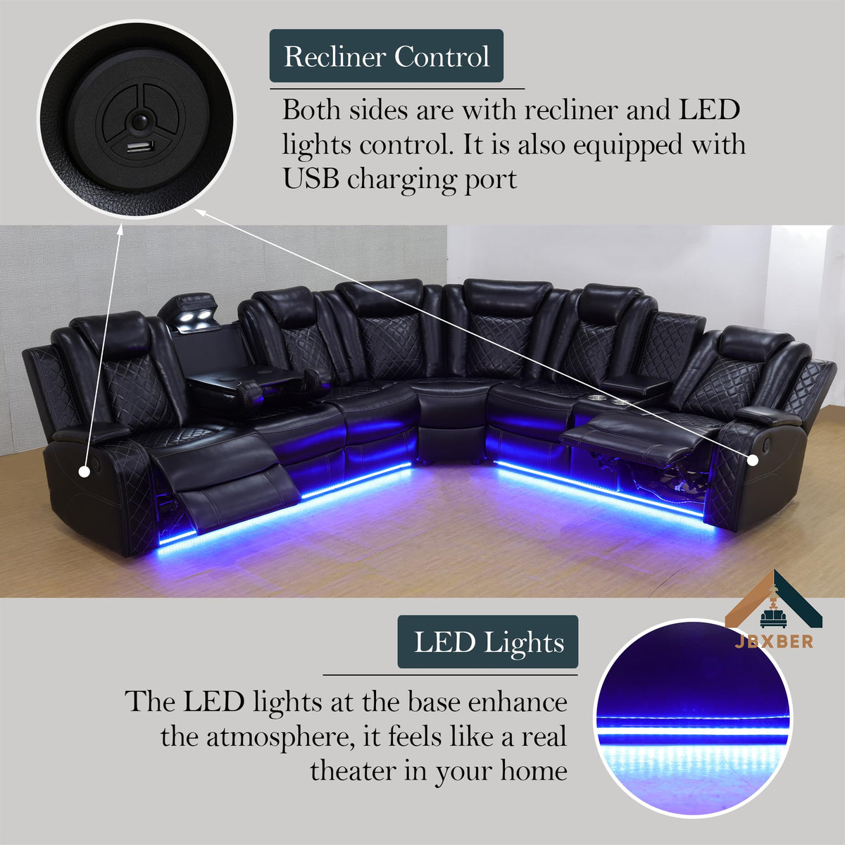 Power Recliner Sectional Sofa Set, Leather Recliner Sofa Sets, L-Shaped Corner Sectional Couch Sets with LED Lights