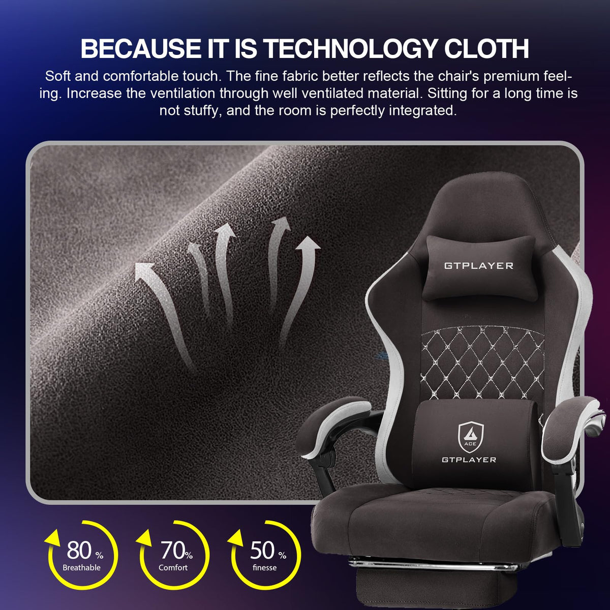 Gaming Chair with Footrest Fabric Office Chair with Pocket Spring Cushion and Linkage Armrests, High Back Ergonomic