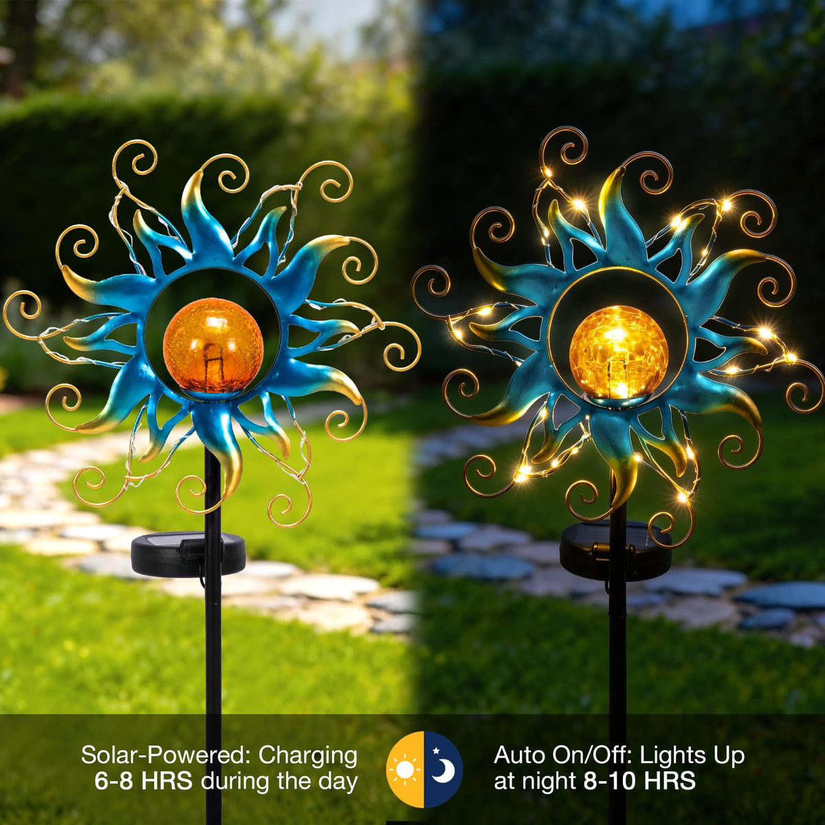 Solar Lights Outdoor Garden Decor, Blue Metal Sun Crackle Glass Globe Stake Waterproof 30LED Decorations Unique Gifts