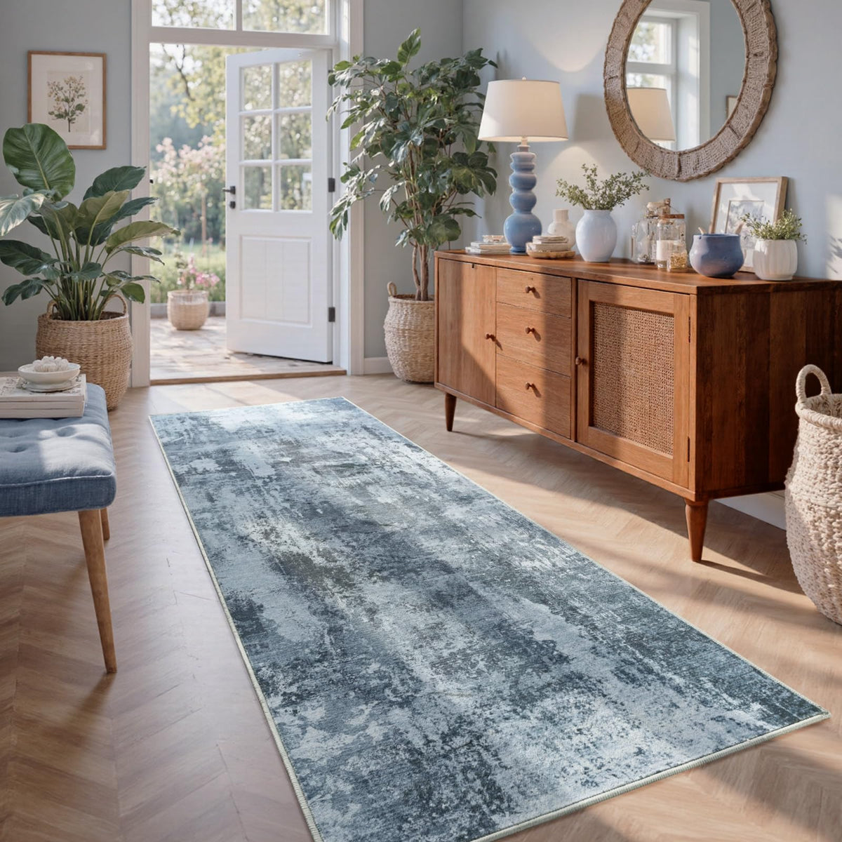 Abstract Washable Runner Area Rugs Blue