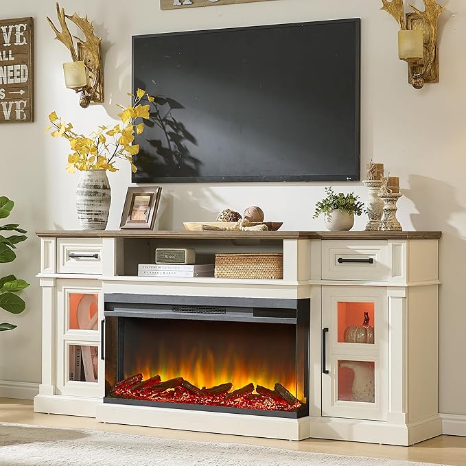 3-Sided Fireplace TV Stand for TVs up to 80 Inches, Farmhouse Entertainment Center with 36 Inch Electric Fireplace, Storage Drawers and Cabinets, Antique White