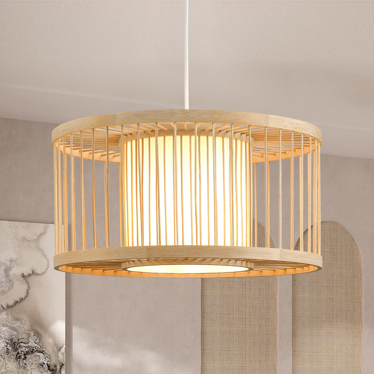 Janpandi Pendant Light, 15.8" Round Drum Bamboo Chandelier