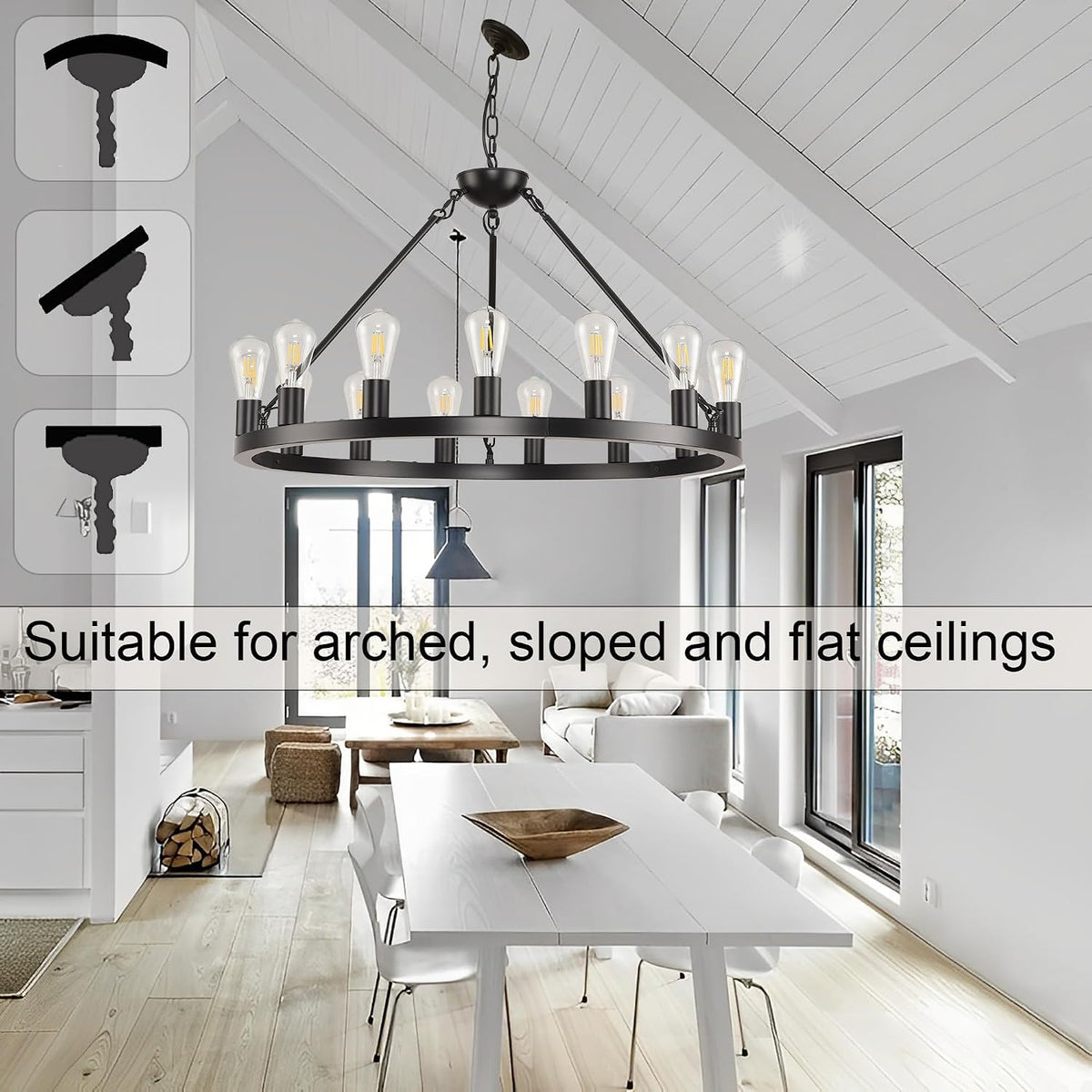 32 inch Black Wagon Wheel Chandelier 15-Light Farmhouse Round Wheel Chandeliers Hanging Light Fixture Outdoor Wagon