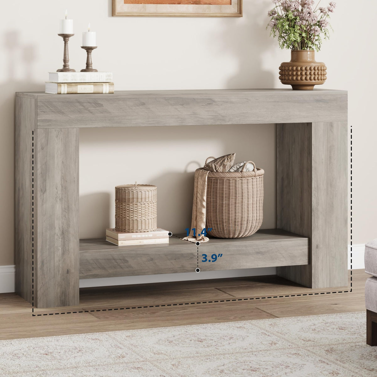 47" Farmhouse 2-Tier Console Table, Grey