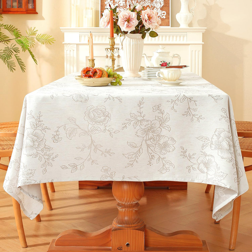 Premium Vintage Farmhouse Damask Floral 60 x 84 inch Rectangle Table Cloth - Water Resistant Linen Textured Jacquard