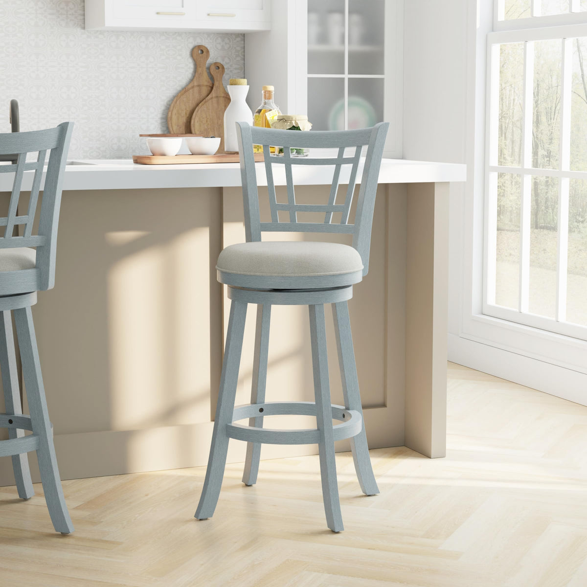 Inspired Bertoia Style Fairfox 30.5" Wood Swivel Bar Height Stool, Blue Wire Brush