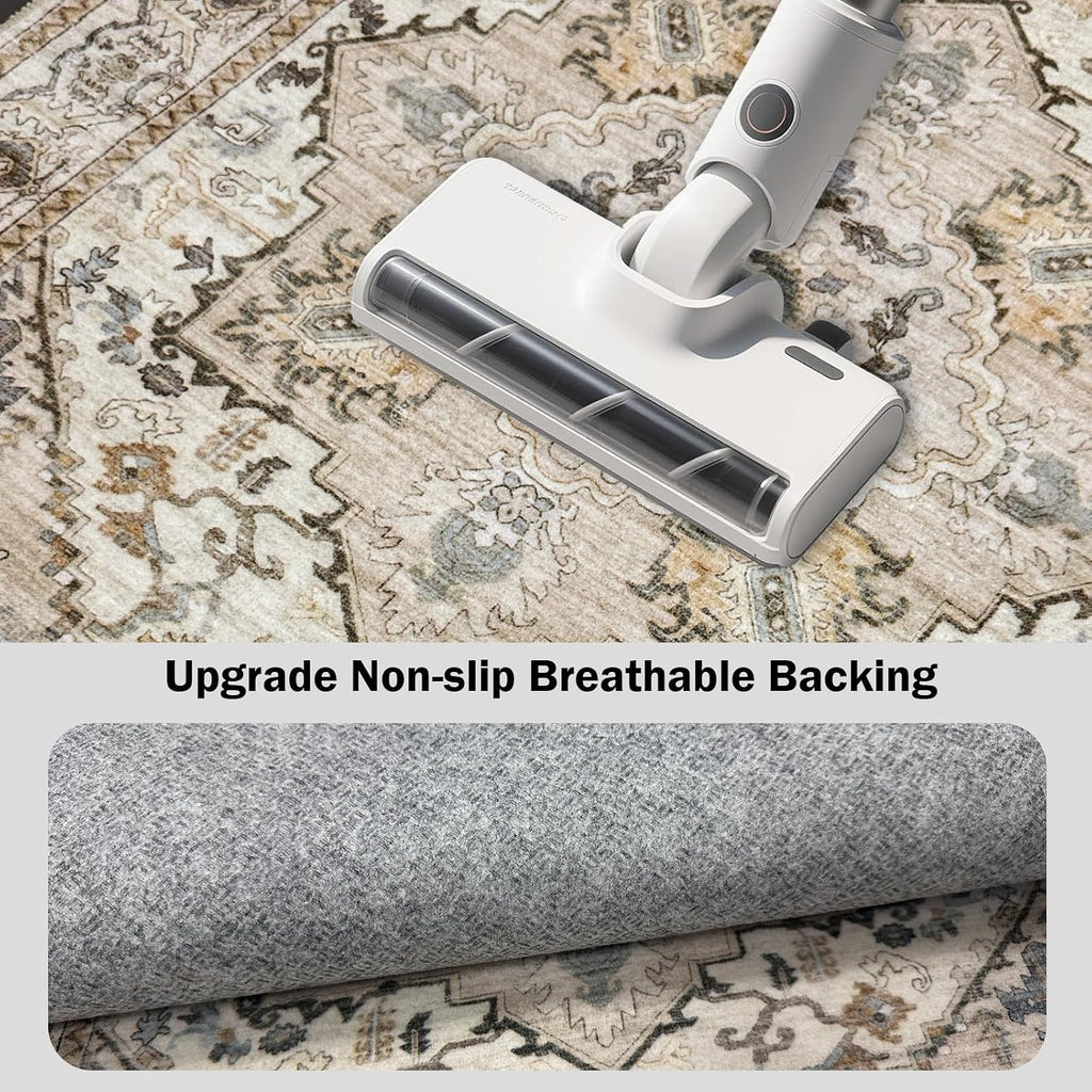 Boho Washable Runner Rugs Beige Non Slip Low Pile Long Runner Rug, Stain Resistant Soft Faux Wool Runners