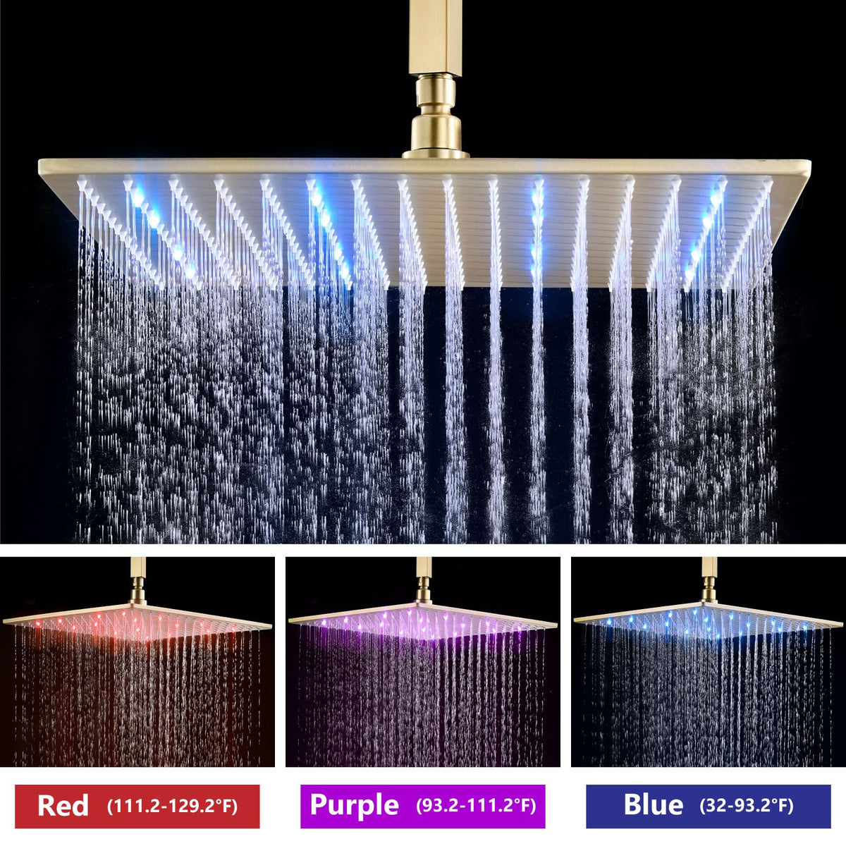 Ceiling Shower Faucet Set with Handheld 16" LED Head Brushed Gold