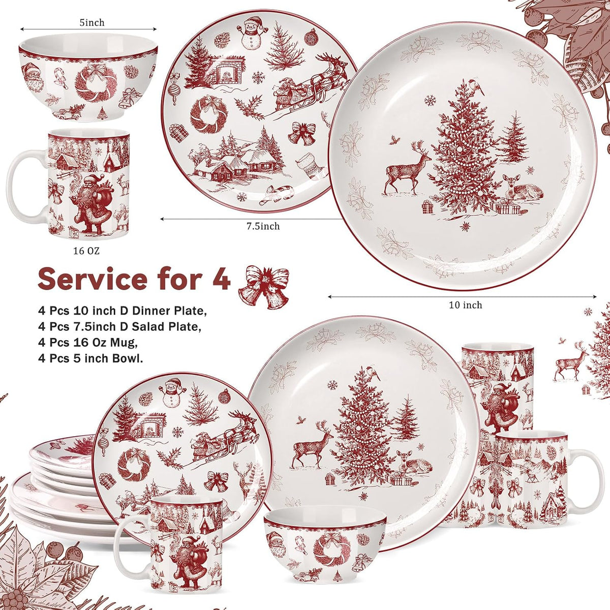 16 Pcs Vintage Christmas Dinnerware Set Farmhouse Toile Ceramics