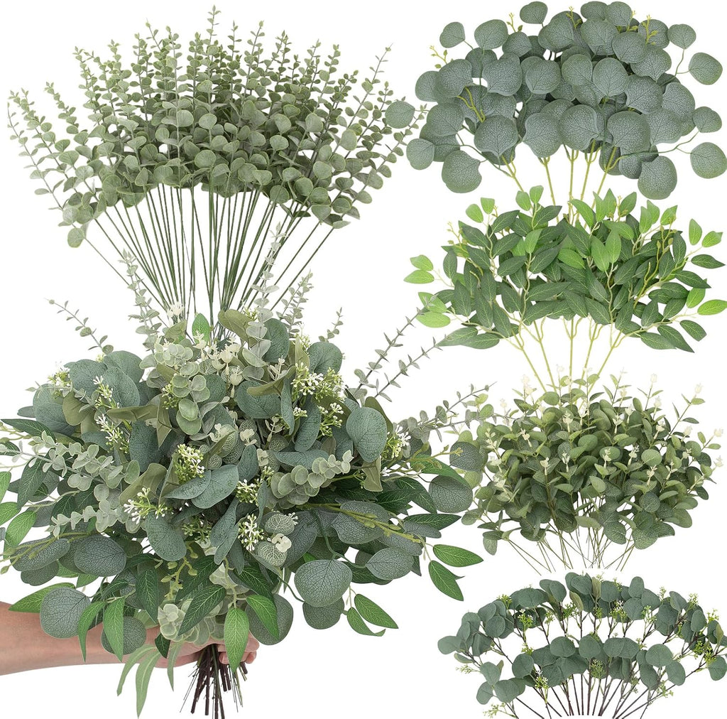 Artificial Mixed Eucalyptus Stems Bulk,5 Kinds Faux Greenery Silver Dollar Eucalyptus Leaves Picks for DIY - Set of 120